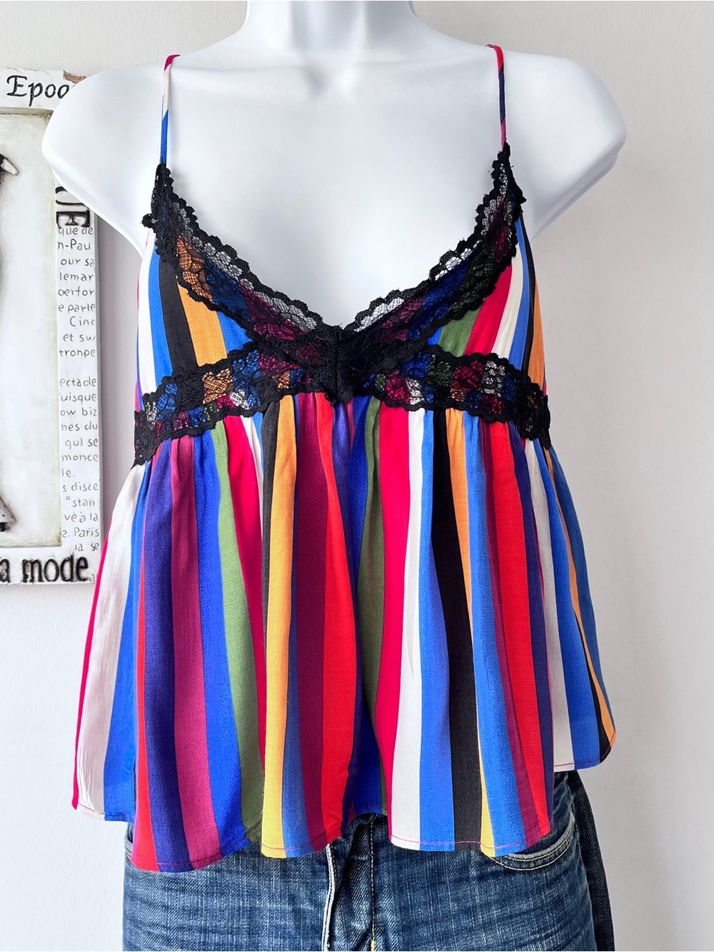 Zara Colorful Vertical Stripe Camisole with Black Lace Trim Size XS